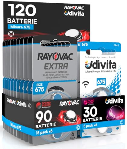 120 Batterie per Apparecchi Acustici Misura 675 Blu 90 Rayovac + 30 Udivita | PR44 Zinco-Aria Phono Pulse Technology in 20 Blister da 6 Pile