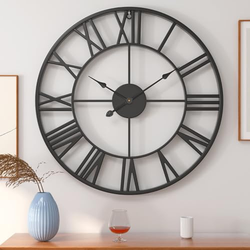 30 inch Large Metal Wall Clock, Industrial Indoor Outdoor Waterproof Art Decor Modern Clocks, European Retro with Oversized Roman Numerals, Silent Battery Operated Decor,Office,Kitchen, Loft