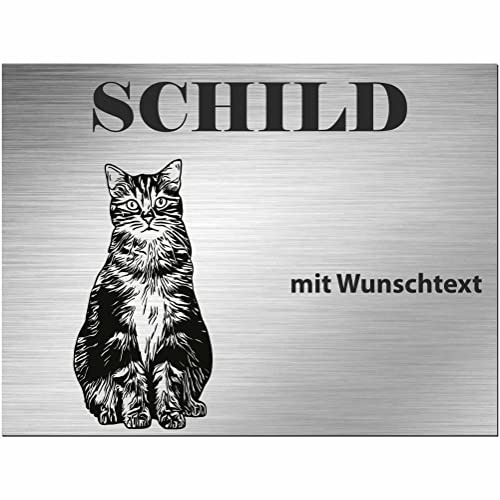 INDIGOS UG - Schilder selbst gestalten Europäische Kurzhaarkatze - Schild personalisiert - Aluverbund Edelstahllook - ab 20x15 cm - Spruch - Deko Geschenkidee für Ihre Katze - Zaun - Türschild