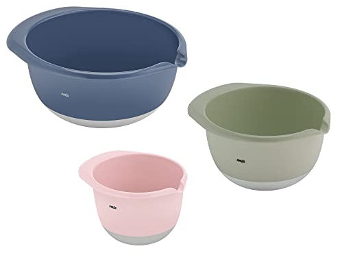Emsa Prep&Bake 3-teiliges Rührschüssel-Set aus Kunststoff, 1,4 + 2,8 + 4,7 Liter, Rutschfester Boden, Stapelbar, mit praktischem Griffrand, K324S334, Rosa/Grün/Blau