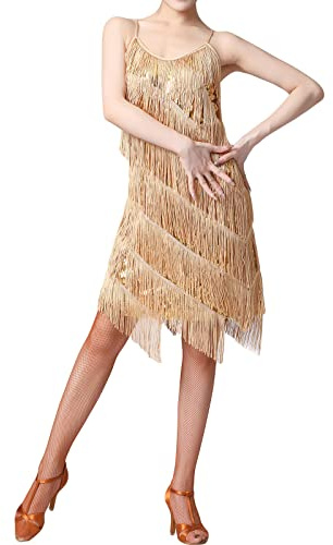 FeMereina Pailletten Quaste Latein Tanzkleid für Damen 1920er Jahre Flapper Cocktail Party Kleider Rumba Ballsaal Kostüme, gold, X-Large