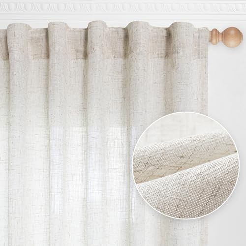 MYSKY HOME Linen Curtains for Living Room, Natural Semi Sheer Curtains & Drapes 84 inches Length 2 Panels Set Farmhouse Country Boho Style Back Tab Draperies for Sliding Glass Door, 50 Wide, Linen