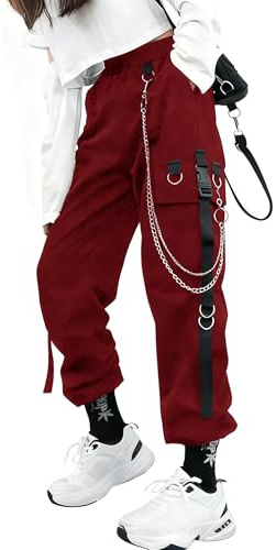DINGJIUYAN Pantalon cargo gothique avec parachute et chaîne pour femme tailles grandes taille haute Y2k Harajuku Steampunk pantalon d'Halloween, 02 - Bordeaux, XXL