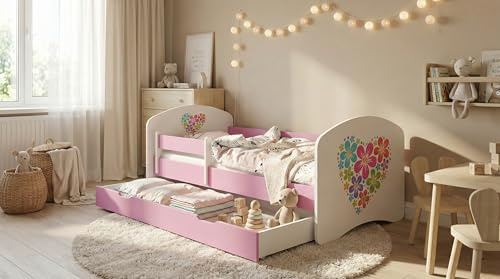 Happy Babies Kinderbett Happy Kinderbett mit Rausfallschutz und Bettschublade Bett für Mädchen 160x80 mit Matratze Weiß Rose Bett Prinzessin