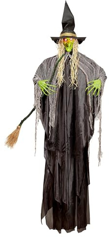 W WIDMANN MILANO Party Fashion - Hexe 240 cm mit LED-Augen | Halloween Deko Hexenfigur mit Besen und rot blinkenden LED-Augen für Horror Mottoparty