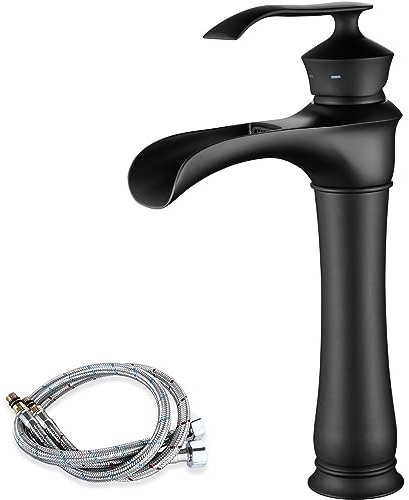 Waterfall Bathroom Basin Mixer Tap, Tall Sink Tap for Counter-top Basin | High Rise Bathroom Mixer Taps, Retro Style, Wide Waterfall Spout, Single Lever, Durable Brass, Flexible Hoses, Matte Black