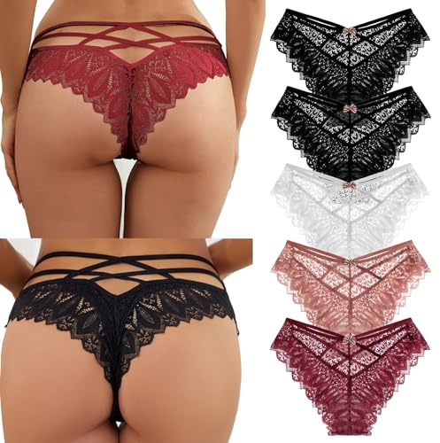 SHAINE 5 Pack Set Stringtrosa Dam Spets Underkläder Sexiga Stringtrosor Kvinnor Trosor Andningsbara Underkläder String String Bekväma Trosor Bikini Mjuk S-XL, Till, XL