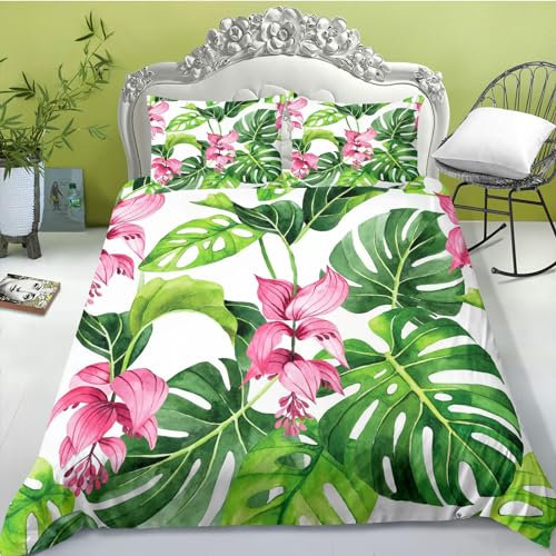 FABTOP Bettwäsche Tropische Blätter Grün Palmenblätter Muster Bettbezug Tropische Palmenblätter Und Monstera Bettwäsche-Set Für Einzelbett (3,135x 200 cm)