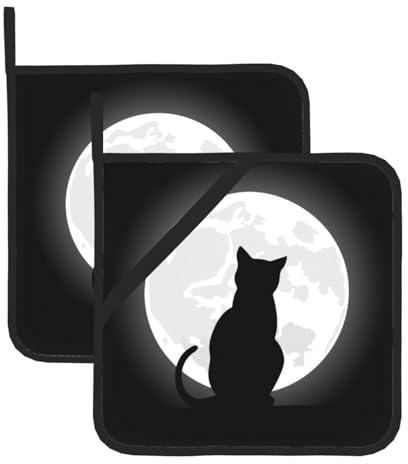 Confezione da 2 presine per cucina, motivo gatto nero di Halloween, resistenti al calore, con tasche ad anello per appenderle, per forno, microonde, per cucinare, campeggio, cottura
