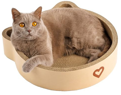 CASALOBA Katzenkorb zum Schlafen, Kratzen und Spielen | Langlebiges Katzen Kratzbrett aus erstklassiger Wellpappe in moderner Katzenkopfform | 3-in-1 Katzen Spielzeug, Kratzmöbel und Schlafplatz