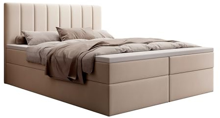 MyBed Allen Boxspringbett Modernes Polsterbett mit Kopfteil und Bettkasten 160x200 7-Zonen Taschenmatratze H2 und Topper Beige Dream Velvet Schlafzimmer