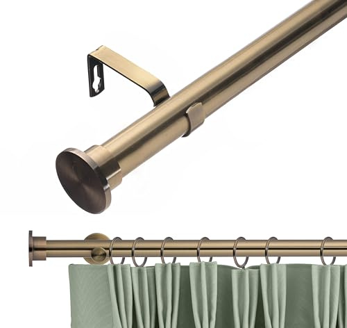 Lister Cartwright 28mm Antique Brass Adjustable Telescopic Extendable Metal Curtain Pole Set with Disc Stopper Finial Voile Easy fit to Outdoor, Bedroom, Living Room (120-210 cm)