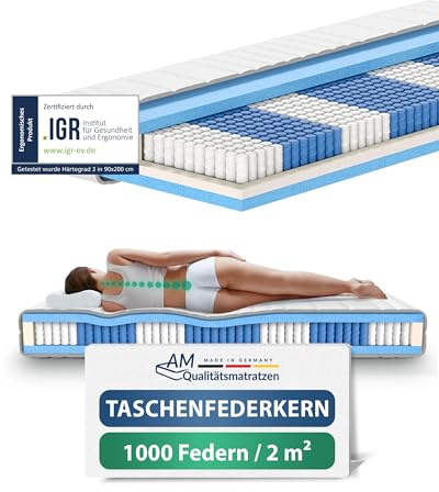 AM Qualitätsmatratzen 1000 Federn Taschenfederkernmatratze 90x200cm H5 24cm - Made in Germany & Oeko TEX Siegel - Federkernmatratze 90x200 mit Lyocell Bezug - 7 Zonen Matratze 90x200 H5