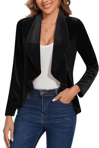 LADI TREND Blazer da donna in velluto, aperto sul davanti, a maniche lunghe, con volant, chiusura con un bottone, mezza foderata, per riunioni in ufficio e riunioni sociali, B-nero, M