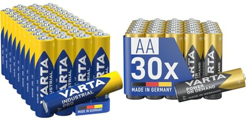 VARTA Pile AAA, confezione da 40, Industrial Pro, Batterie Alcaline, 1,5V & Batterie AA, confezione da 30, pile Power on Demand, Alcaline, 1,5V, pacco di stoccaggio