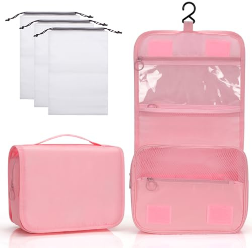 Zivacate Kulturtasche zum Aufhängen, wasserdichte Kosmetiktasche | Kulturbeutel mit Griff, Faltbare Tragbare Waschtasche mit 3 Kordelzug Organizer Tasche für Reisen, Fitness, Camping – Rosa