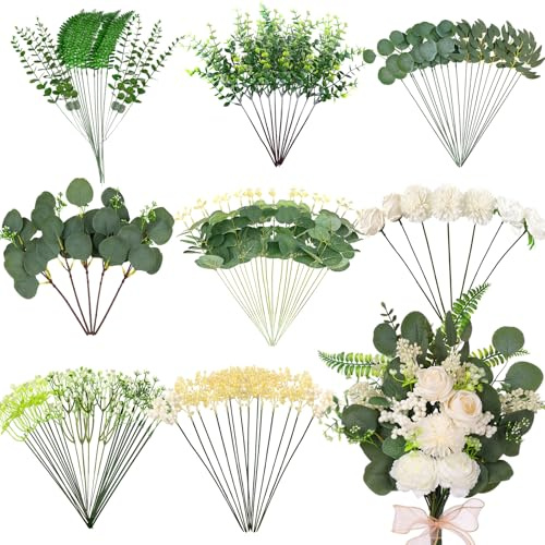 120 Stück 15 Sorten Künstliche Eukalyptus Stängel Blättern & Blumen Mehrere Pack, Kunstpflanzen für Blumenarrangements, Hochzeit, Vase, Strauß & Zuhause, Hochzeitsbogen Deko, Tischdeko Hochzeit