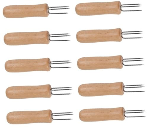 FUNOMOCYA 10stücke Teiliges Edelstahl Corn Fork Mit Dreizinkigem Holzgriff Hitzebeständige Snackgabeln Für Grill BBQ Fleisch Obst Gemüse Praktische Und Sichere Halter Für Heiße Speisen