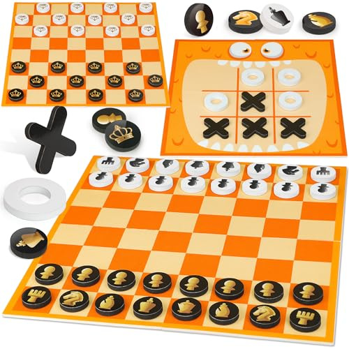 Coogam Chess and Checkers Board Game, 3-in-1 Tic Tac Toe Vintage Table Game with Mat, Lawn Party Favor Activity Indoor Outdoor Travel Toy for Family Play