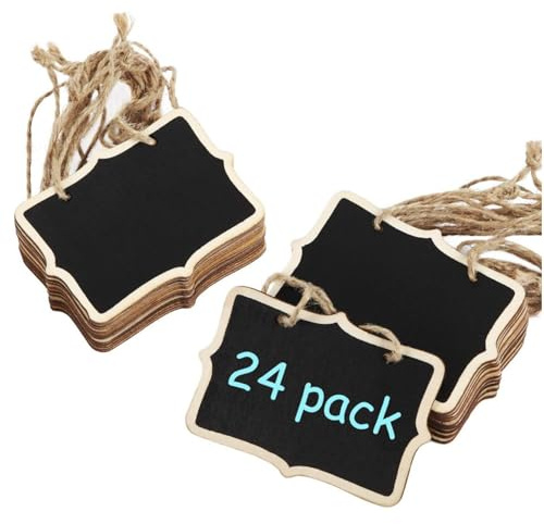 Chalkboard Tags Hanging Wooden Chalkboard Signs 3.35 x 2.36 Inch Mini Wood Chalkboard Labels Rectangle Blackboard Tags Massage Board Signs (24 Pieces) Party Food Labels,Food Labels for Buffet