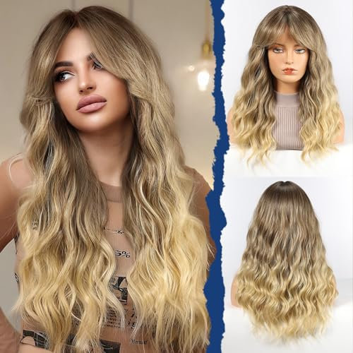 HAIRCUBE Damen Perücke,Blond und Braun Perücke Lange Lockige Mit Pony Für Frauen,Natürliche Synthetische Haare,22 Zoll, Geeignet Für Halloween/Partys/Alltägliches Tragen.(Blond und Braun)