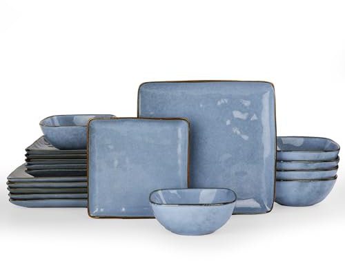 Richmount Ocean Service de table en faïence pour 6 personnes, 18 pièces, set d'assiettes carrées, service combiné avec vernis réactif, service de table résistant aux rayures, bleu