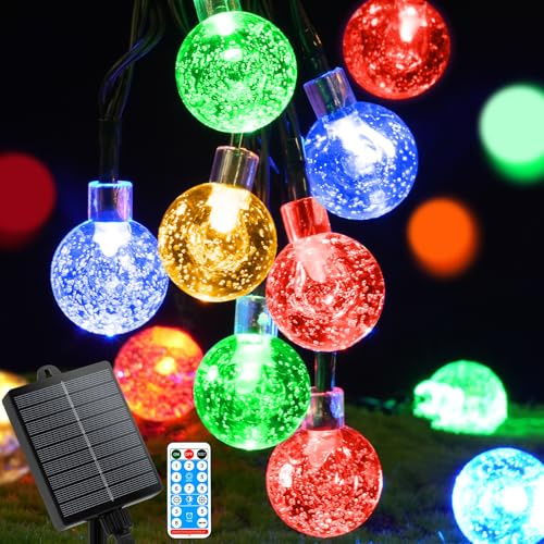 AUAUY Solar Lichterkette Aussen Wetterfest, 7m 50 LED 8 Modi IP65, Bunt | Kristall Kugeln, Außen/Innen Lichter Beleuchtung, für Balkon, Terassen, Garten Bäume, Weihnachten, Partys, Fenster