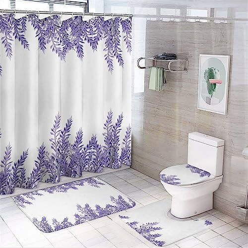 fifbird Modern Rustic Lavender Flower Shower Curtain Sets 4 Piece,Abstract Spring Garden Purple Lilac Floral Bathroom Decor Sets with Rugs Include Non-Slip Toilet Lid Cover Bath Mat