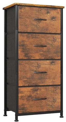 CAIYUN Commode 4 Tiroirs, Meuble de Rangement à Tiroirs en Tissu, pour Chambre à Coucher, Couloir, Entrée, Salon, Cadre en Métal, Plateau Bois, Marron