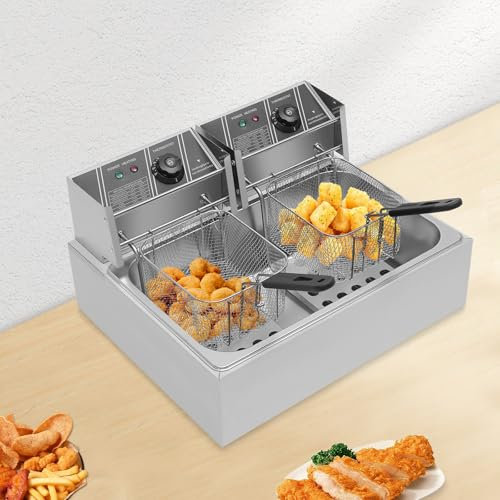 Friteuse électrique avec une capacité de 12 L & 2 paniers à friture, friteuse à zone froide en acier inoxydable commercial 3200 W pour restaurants, cafés et collations, plage de température 60-200 °C