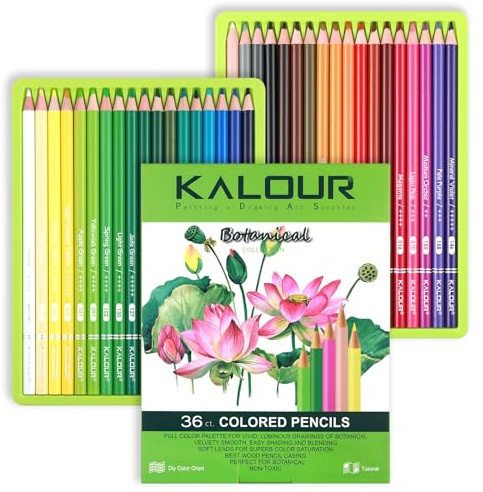 KALOUR PDAS 36-Piece Green Botanical Coloured Pencil Set – Pre-Sharpened Wooden Pencils for Adults, Artists & Beginners – Ideal for Colouring Books, Drawing & Sketching