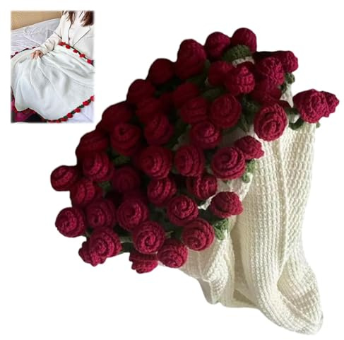Generisch Blumenstrauß Decke Gehäkelt Fertig, Weiche Gehäkelte Blumen Decke, Strickdecke Grob Rosa Rot Lila, Flower Blanket Crochet Bouquet Hand Knitted Für Muttertag,Valentinstag,Rot,90cm