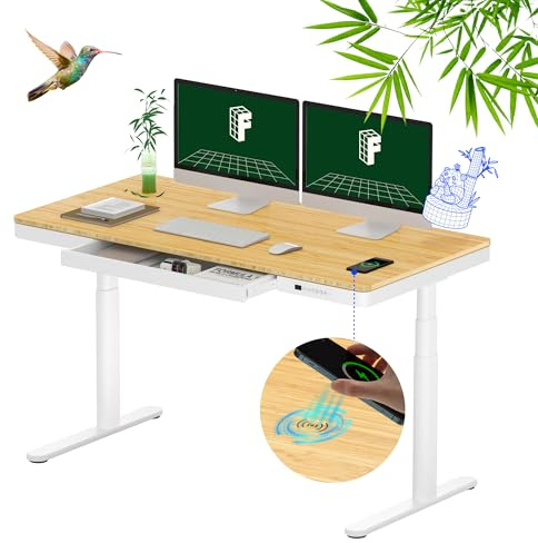 FLEXISPOT Höhenverstellbarer Schreibtisch mit Schublade und USB-C 140x70 cm | Leistungsstarker Dual-Motor, großer Höhenbereich, kabelloses Laden, Kabelmanagement, Memory-Funktion, natürliche Bambusplatte