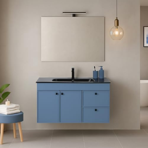 Inbagno Mobile Bagno Sospeso 100 Cm Azzurro Opaco Con Lavabo In Ceramica E Specchio – 2 Ante E 2 Cassetti – Linea Craft – Mobile Moderno Già Montato In MDF