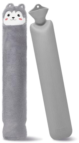 JNUYISW Lång varmvattenflaska med överdrag, 2 l 60 cm stor nackvarmvattenflaska med överdrag fluffig varmvattenflaska sängflaska för värme även svalka för nacke, axlar, buk, rygg, kvinnor män grå