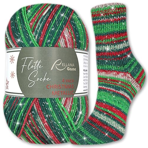Frida's Wollhaus Rellana 100 g Flotta Calza Christmas Edition Metallic 2025 4 Fili di Lana per Calzini Glitter Filati