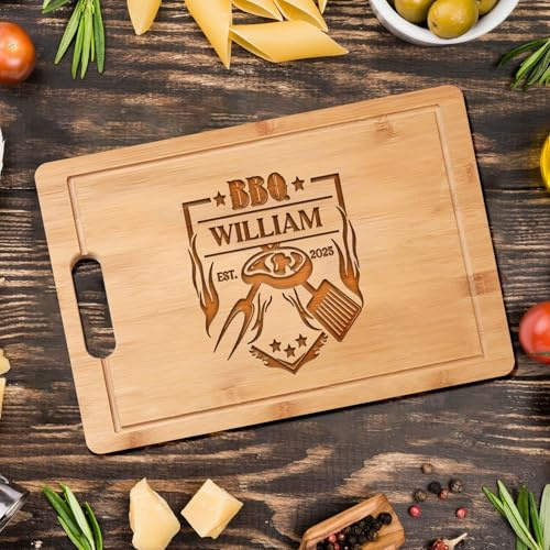 Planche à découper gravée personnalisée – Cadeau de cuisine et barbecue en bois personnalisé pour papa, grand-père, mari ou lui – Cadeau unique pour la fête des pères, un anniversaire, Noël, les