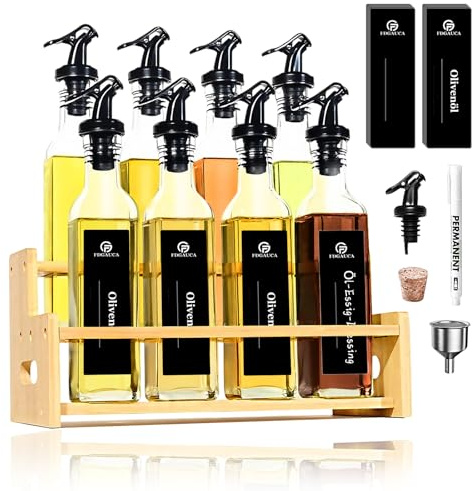 SAEIV Juego de botellas de vinagre y aceite con 8 botellas de aceite de oliva de 250 ml, práctico juego completo con soporte de bambú, botella de aceite a prueba de fugas con boquilla y etiquetas