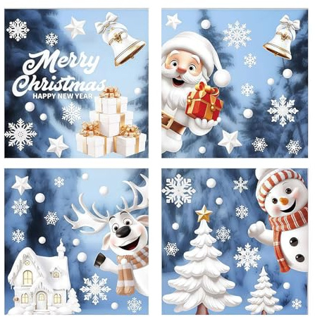 KLINNA 9 decorazioni natalizie per finestre, riutilizzabili, in PVC, autoadesive, statiche, per finestre invernali, fiocchi di neve e Babbo Natale