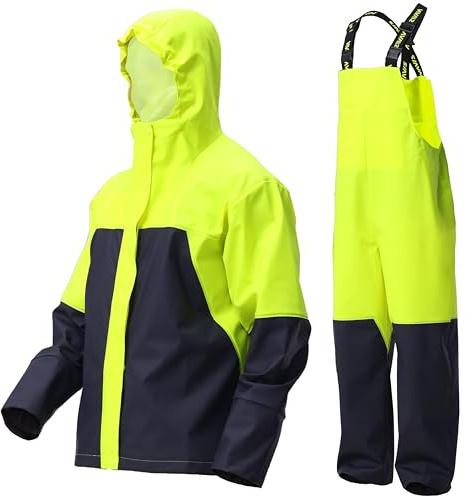 PRO Herren Regenanzug Wasserdicht PU - Robuste Regenjacke & Latzhose | Zwei-Farben-Design, abnehmbare & versteckbare Kapuze,ideal für Bau, Angeln, Outdoor