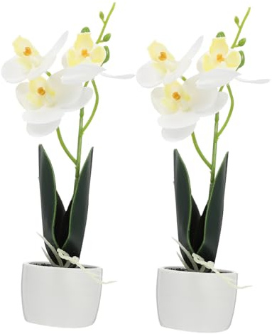 ULDIGI Flor Simulada Orquídea en Maceta 2 Piezas de Plástico y Cerámica | Blanco, Forma de Flor de Orquídea, Fácil de Limpiar y Cuidar, para Modelos y Hoteles