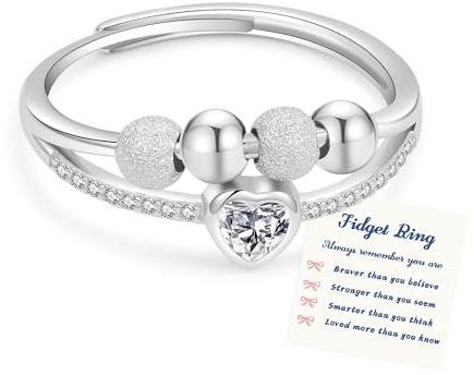 Senteria Sterling Silver Anxiety Ring for Women Adjustable Fidget Rings with Cubic Zircon Heart Beads Spinner Ring Thumb Rings for Stress Relief