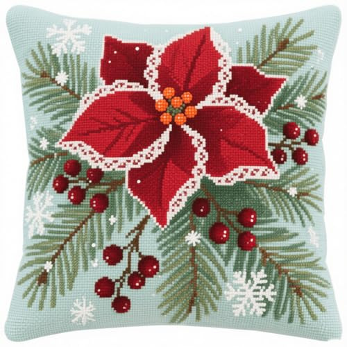 AMBATTERY 11CT Kissenbezug Zum Besticken Kreuzstich, Rote Blüten Stickkissen Set Kreuzstich Set Vorgedruckt Kissenbezug Für Anfänger,Diy Handstickerei Nähkissenbezug 45x45cm