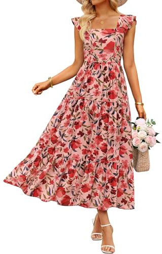 ZESICA Women's Summer Boho Floral Wedding Guest Midi Dresses VintagePink M | Casual Ruffle Cap Sleeve, High Waist A-Line Smocked Tiered Flowy Sundress, Party Vacation Beach Long Dress with Pockets