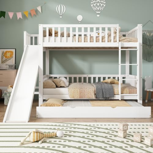 Merax Etagenbett mit Rollbett, Kinderbett mit Rutsche, Fallschutzgitter, Regalen und Stabiler Leiter – Weiß, 90x200/190cm, Platzsparend & Sicher