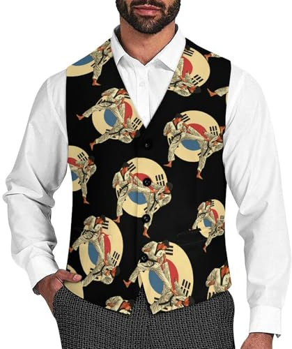Korean Flag Taekwondo Kungfu Karate Suit Vest for Men Formal Dress Slim Fit Button Waistcoat Casual Party Vests Top 2XL