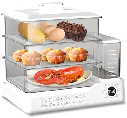 SUZEPER Vaporiera elettrica da 24 l/25qt per alimenti, 3 livelli per cucinare, macchina per la colazione di grande capacità con timer, serbatoio dell'acqua indipendente, ideale per verdure, frutti di