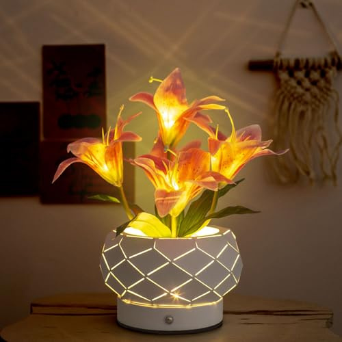 wpdash Pink Lily Flower Lamp 3-Color Touch Infinite Dimming Geometric Hollow Iron Flower Pot LED Night Light for Bars Parties Store Decor Romantic Dating Scenes(Lily Pink 4.7 * 4.7 * 11.4in)