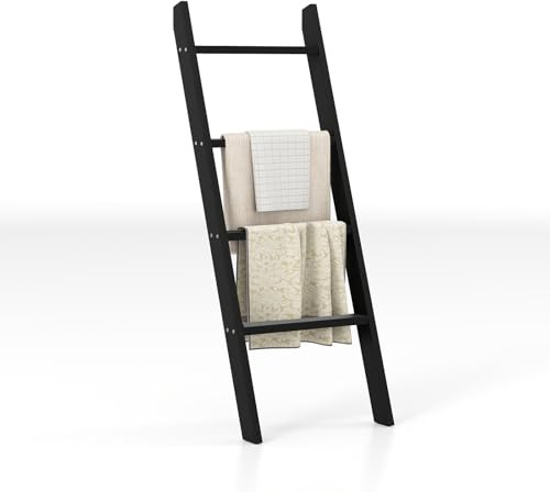 COSTWAY Wooden Blanket Ladder, 4-Tier Towel Ladder Shelf, Wall Leaning Blanket Towel Rack Holder Decorative Storage Shelving Unit for Bathroom Living Room (Black)