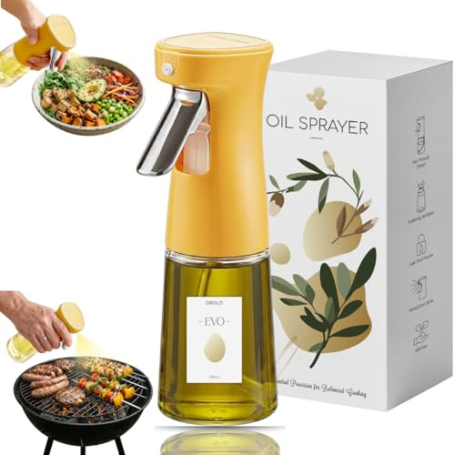 OBOLO Oil Sprayer for Cooking, Continuous Fine Mist, Glass Spray Bottle, 8oz/240ml Capacity, Oil Control, Calories Control, Refillable Kitchen Gadget for Air Fryer, Salads and BBQ, Olive oil bottle
